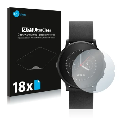 Parte frontal de un envase de producto con el logotipo de la marca Savvies. Al lado se muestra el dispositivo Pebble Time Roun