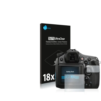 Parte frontal de un envase de producto con el logotipo de la marca Savvies. Al lado se muestra el dispositivo Sony Alpha 68 co