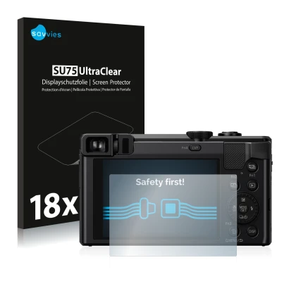 Parte frontal de un envase de producto con el logotipo de la marca Savvies. Al lado se muestra el dispositivo Panasonic Lumix 