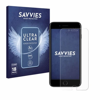 Parte frontal de un envase de producto con el logotipo de la marca Savvies. Al lado se muestra el dispositivo Apple iPhone 7 P