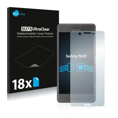 Parte frontal de un envase de producto con el logotipo de la marca Savvies. Al lado se muestra el dispositivo Sony Xperia X Pe