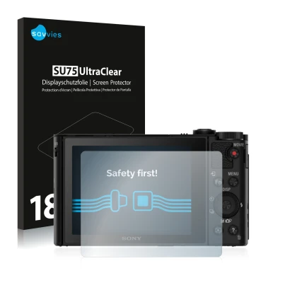 Parte frontal de un envase de producto con el logotipo de la marca Savvies. Al lado se muestra el dispositivo Sony Cyber-Shot 