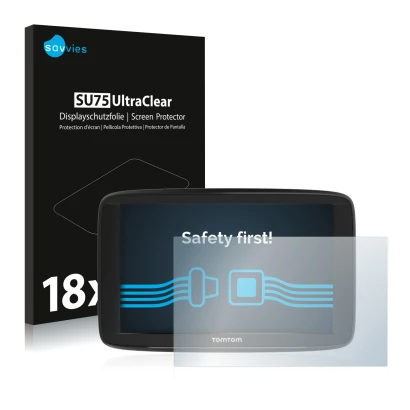 Parte frontal de un envase de producto con el logotipo de la marca Savvies. Al lado se muestra el dispositivo TomTom Start 62 