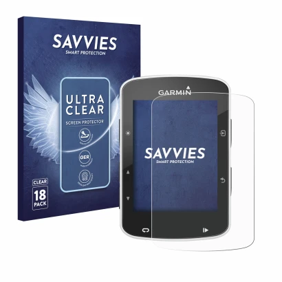 Parte frontal de un envase de producto con el logotipo de la marca Savvies. Al lado se muestra el dispositivo Garmin Edge 820 
