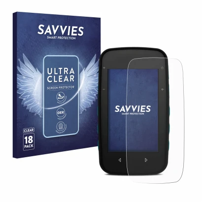 Parte frontal de un envase de producto con el logotipo de la marca Savvies. Al lado se muestra el dispositivo CompeGPS TwoNav 