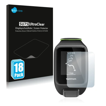 Parte frontal de un envase de producto con el logotipo de la marca Savvies. Al lado se muestra el dispositivo TomTom Runner 3 