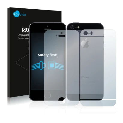 Parte frontal de un envase de producto con el logotipo de la marca Savvies. Al lado se muestra el dispositivo Apple iPhone 5S 