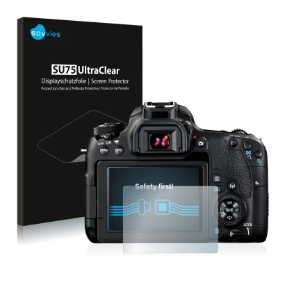 Parte frontal de un envase de producto con el logotipo de la marca Savvies. Al lado se muestra el dispositivo Canon EOS 77D co