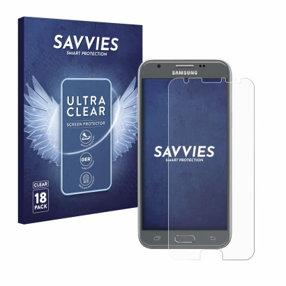 Parte frontal de un envase de producto con el logotipo de la marca Savvies. Al lado se muestra el dispositivo Samsung Galaxy J