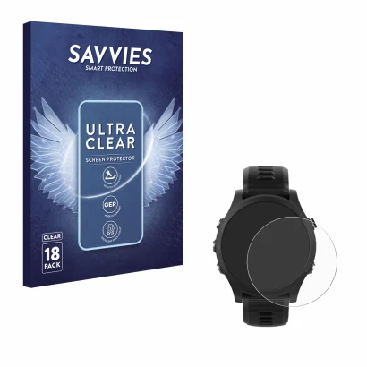 Parte frontal de un envase de producto con el logotipo de la marca Savvies. Al lado se muestra el dispositivo Garmin Forerunne