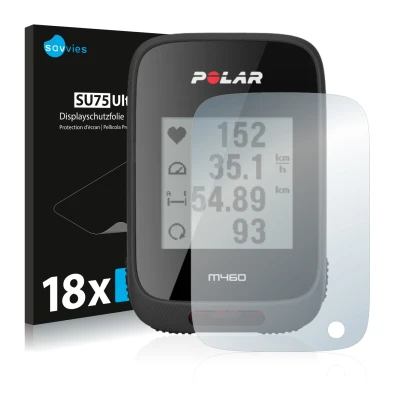 Parte frontal de un envase de producto con el logotipo de la marca Savvies. Al lado se muestra el dispositivo Polar M460 con s