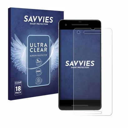 Parte frontal de un envase de producto con el logotipo de la marca Savvies. Al lado se muestra el dispositivo Google Pixel 2 c