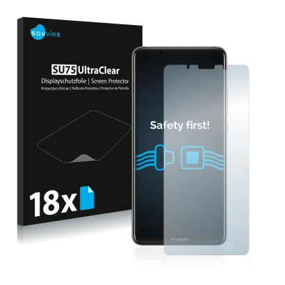 Parte frontal de un envase de producto con el logotipo de la marca Savvies. Al lado se muestra el dispositivo Huawei Mate 10 P