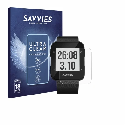 Parte frontal de un envase de producto con el logotipo de la marca Savvies. Al lado se muestra el dispositivo Garmin Forerunne