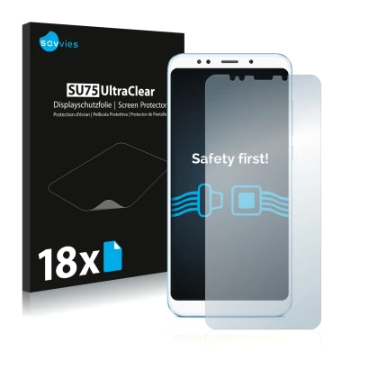 Parte frontal de un envase de producto con el logotipo de la marca Savvies. Al lado se muestra el dispositivo Xiaomi Redmi 5 P