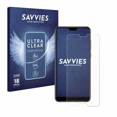 Parte frontal de un envase de producto con el logotipo de la marca Savvies. Al lado se muestra el dispositivo Huawei P20 con s