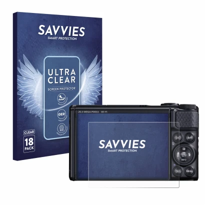Parte frontal de un envase de producto con el logotipo de la marca Savvies. Al lado se muestra el dispositivo Canon PowerShot 