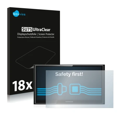 Parte frontal de un envase de producto con el logotipo de la marca Savvies. Al lado se muestra el dispositivo Kenwood DMX7018D