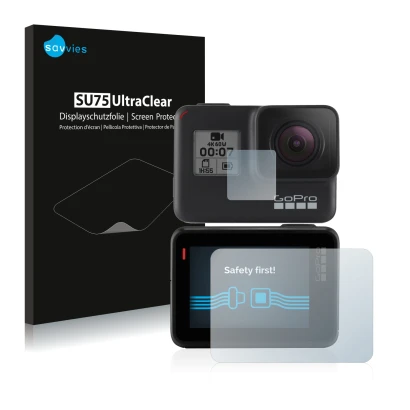 Parte frontal de un envase de producto con el logotipo de la marca Savvies. Al lado se muestra el dispositivo GoPro Hero 7 Bla