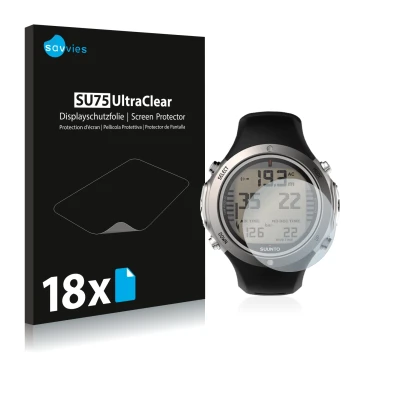 Parte frontal de un envase de producto con el logotipo de la marca Savvies. Al lado se muestra el dispositivo Suunto D6I Novo 