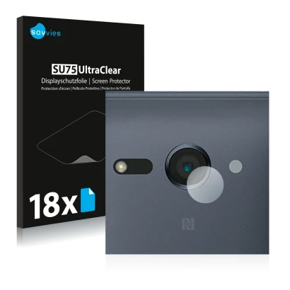 Parte frontal de un envase de producto con el logotipo de la marca Savvies. Al lado se muestra el dispositivo Sony Xperia XZ2 