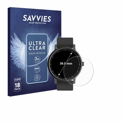 Parte frontal de un envase de producto con el logotipo de la marca Savvies. Al lado se muestra el dispositivo Circular Display