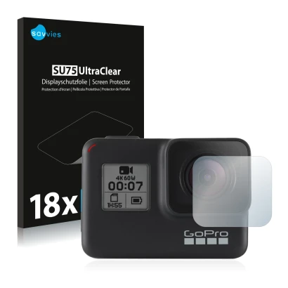 Parte frontal de un envase de producto con el logotipo de la marca Savvies. Al lado se muestra el dispositivo GoPro Hero 7 Bla