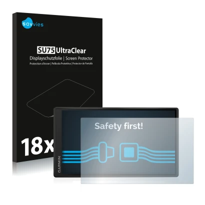 Parte frontal de un envase de producto con el logotipo de la marca Savvies. Al lado se muestra el dispositivo Garmin DriveSmar