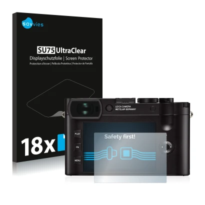 Parte frontal de un envase de producto con el logotipo de la marca Savvies. Al lado se muestra el dispositivo Leica Q2 con su 