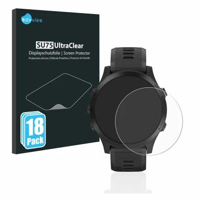 Parte frontal de un envase de producto con el logotipo de la marca Savvies. Al lado se muestra el dispositivo Garmin Forerunne