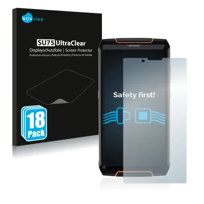 Parte frontal de un envase de producto con el logotipo de la marca Savvies. Al lado se muestra el dispositivo Cubot King Kong 