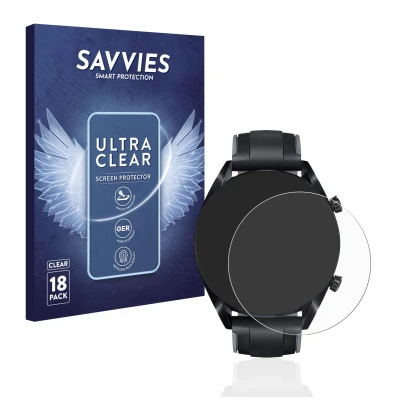 Parte frontal de un envase de producto con el logotipo de la marca Savvies. Al lado se muestra el dispositivo Huawei Watch GT 