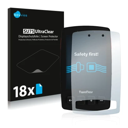 Parte frontal de un envase de producto con el logotipo de la marca Savvies. Al lado se muestra el dispositivo TwoNav Trail 2 c