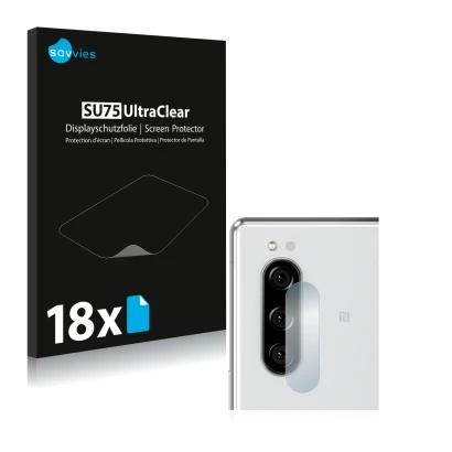 Parte frontal de un envase de producto con el logotipo de la marca Savvies. Al lado se muestra el dispositivo Sony Xperia 5 (S