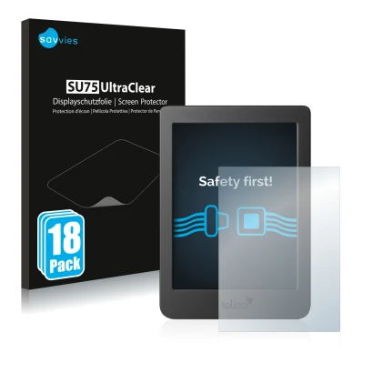 Parte frontal de un envase de producto con el logotipo de la marca Savvies. Al lado se muestra el dispositivo Tolino Page 2 co