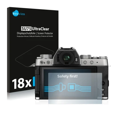 Parte frontal de un envase de producto con el logotipo de la marca Savvies. Al lado se muestra el dispositivo Fujifilm X-T200 