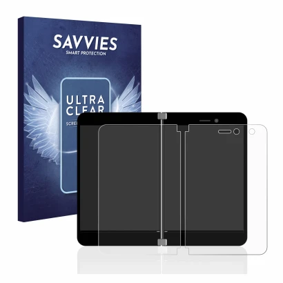 Parte frontal de un envase de producto con el logotipo de la marca Savvies. Al lado se muestra el dispositivo Microsoft Surfac