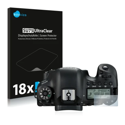 Parte frontal de un envase de producto con el logotipo de la marca Savvies. Al lado se muestra el dispositivo Canon EOS 6D (pa