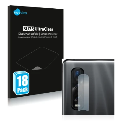 Parte frontal de un envase de producto con el logotipo de la marca Savvies. Al lado se muestra el dispositivo Oppo Find X2 Pro