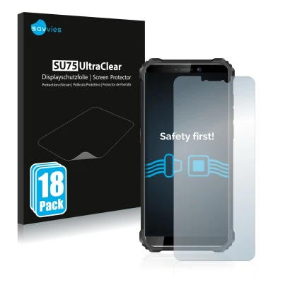 Parte frontal de un envase de producto con el logotipo de la marca Savvies. Al lado se muestra el dispositivo Oukitel WP5 con 