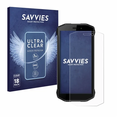 Parte frontal de un envase de producto con el logotipo de la marca Savvies. Al lado se muestra el dispositivo Evolveo Strongph