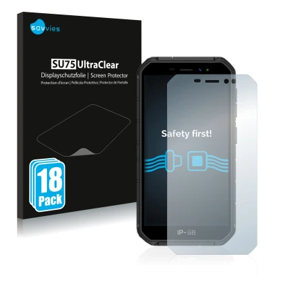 Parte frontal de un envase de producto con el logotipo de la marca Savvies. Al lado se muestra el dispositivo Ulefone Armor X7