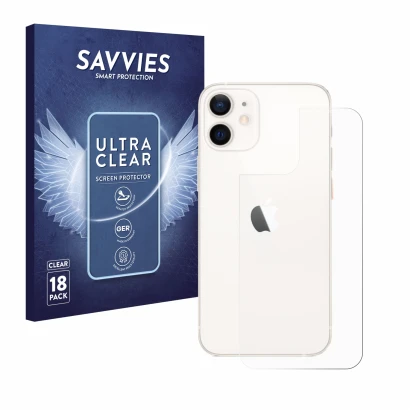Parte frontal de un envase de producto con el logotipo de la marca Savvies. Al lado se muestra el dispositivo Apple iPhone 12 