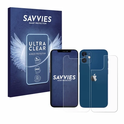 Parte frontal de un envase de producto con el logotipo de la marca Savvies. Al lado se muestra el dispositivo Apple iPhone 12 