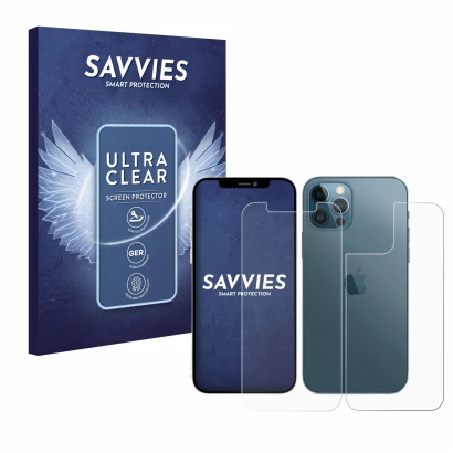 Parte frontal de un envase de producto con el logotipo de la marca Savvies. Al lado se muestra el dispositivo Apple iPhone 12 