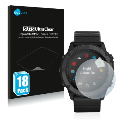 Parte frontal de un envase de producto con el logotipo de la marca Savvies. Al lado se muestra el dispositivo Garmin Tactix De