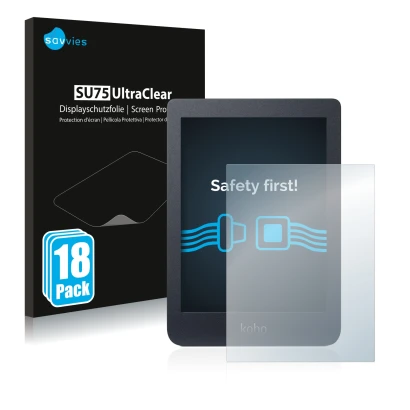 Parte frontal de un envase de producto con el logotipo de la marca Savvies. Al lado se muestra el dispositivo Kobo Nia con su 