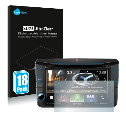 Parte frontal de un envase de producto con el logotipo de la marca Savvies. Al lado se muestra el dispositivo Kenwood DNX518VD