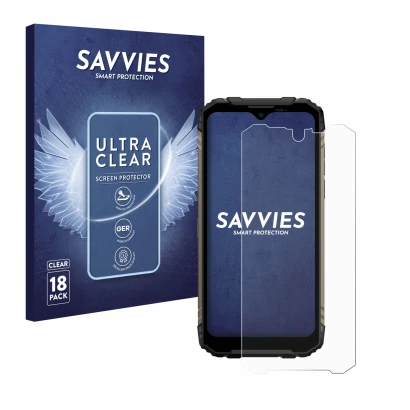 Parte frontal de un envase de producto con el logotipo de la marca Savvies. Al lado se muestra el dispositivo Doogee S96 Pro c