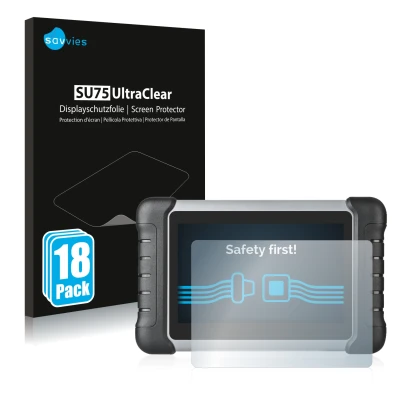 Parte frontal de un envase de producto con el logotipo de la marca Savvies. Al lado se muestra el dispositivo Autel MaxiCOM MK